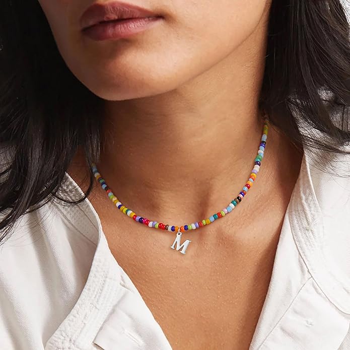 Yoosteel Colorful Beaded Initial Necklaces for Girls Gifts - Cute Choker Necklace for Kids Jewelry A-Z Initial Necklaces for Women Personalized Birthday Gifts for Teenage Girls