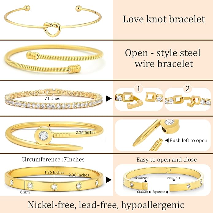 FAFUGA 18 K Gold Plated Love Bangle Bracelet Stack Cuff Jewelry for Women Jewelry Set for Women Gift with Box
