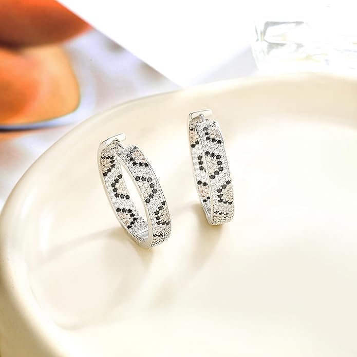 Rose Gold Hoop Earrings for Women, 925 Silver-Plated Thickened Hypoallergenic Earrings, CZ Black Gemstone-Inlaid Earrings - Women's Fashion Jewelry