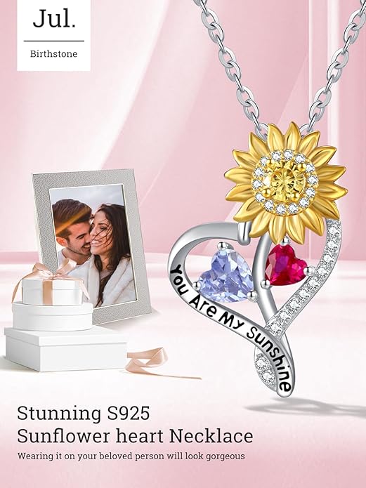 Zeuslia Double Birthstone Necklace Gifts for Wife - 925 Sterling Silver Sunflower/Rose/Crown Cross/Compass/Heart Pendant I Love You Necklace, Anniversary Birthday Gifts for Wife Girlfriend Mom Her
