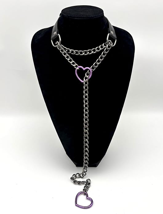 Black Leather Choker Collar For Women, Handmade Heart Slip Chain Choker Long Necklace with Adjustable Buckle