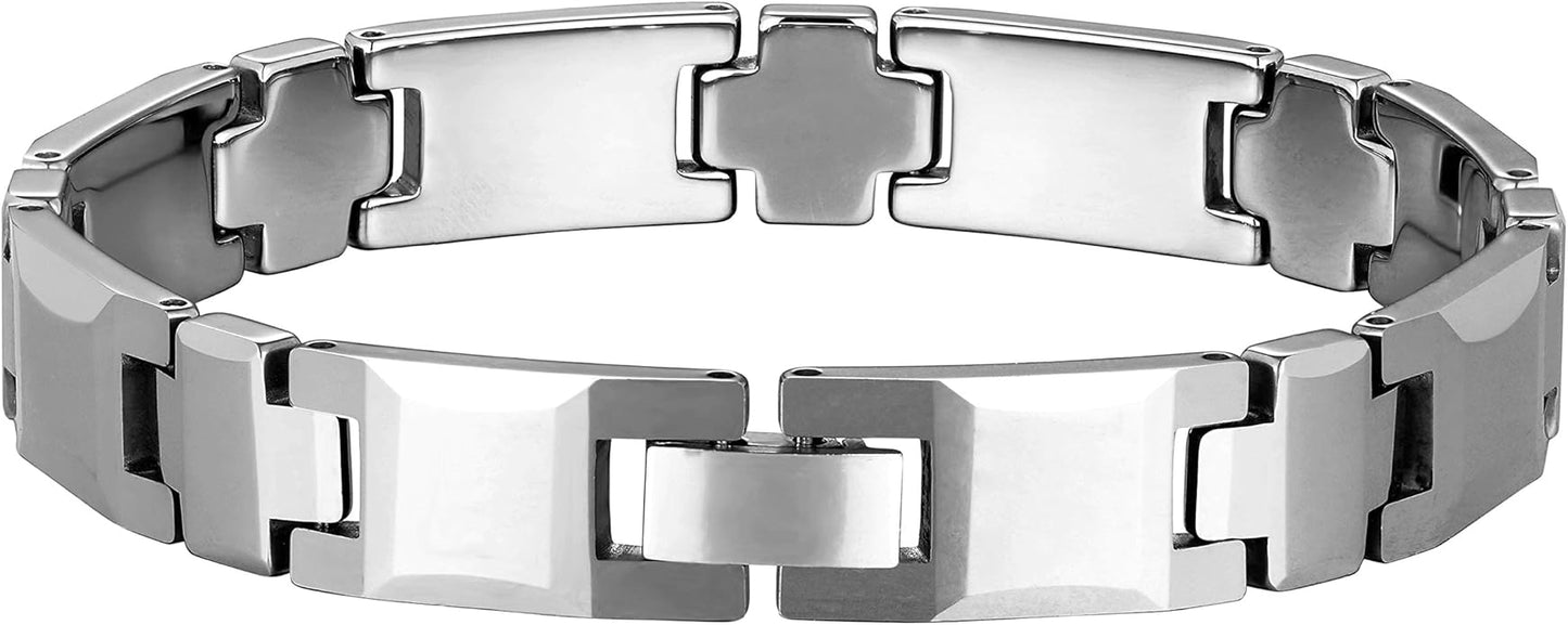 Urban Jewelry Men’s Tungsten Carbide Link Bracelet Collection – 8.3–8.5" Length, 10 mm Heavy Chain, Cross, Track, Box & Wheat Styles, Scratch & Tarnish Resistant, Secure Snap‑Lock, Gift Box