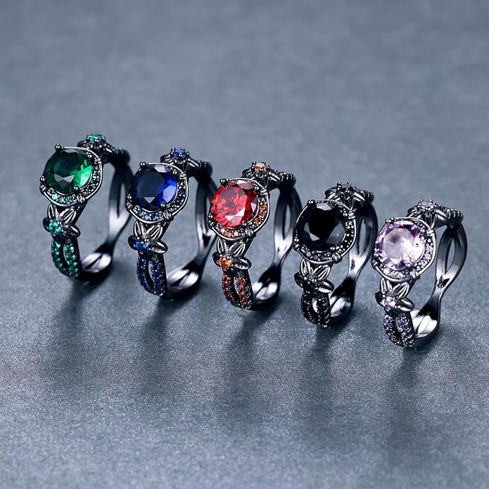 Gothic Black Rings for Women, Mystic Rainbow Topaz with Created Amethyst Flower Goth Black Gold Wedding Engagement Ring Size 6 to 11