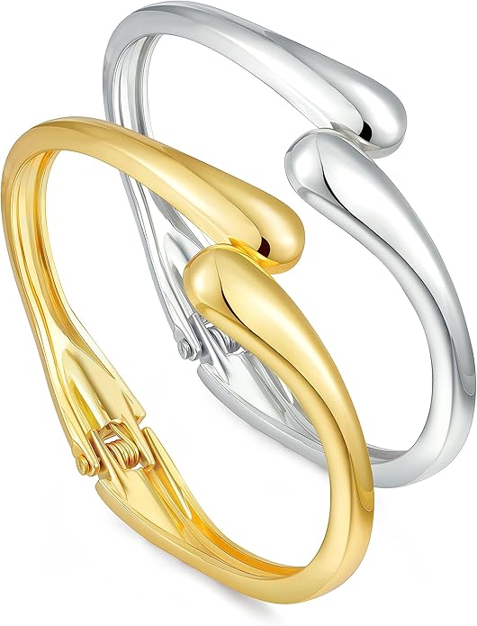 Gold Silver Bangles Bracelet for Women Trendy, 14K Gold Plated Dainty Thick Chunky Cuff Bracelet Stack