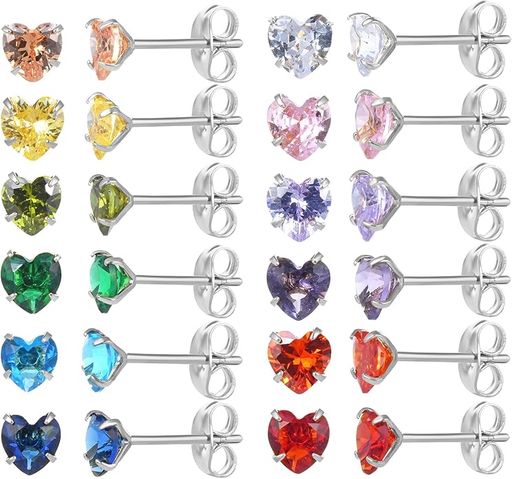 12 Pairs 18K Gold Plated Surgical Stainless Steel Stud Earrings, Star Heart Square Stud Earring for Women, Cubic Zirconia Birthstone Stud Earrings Set
