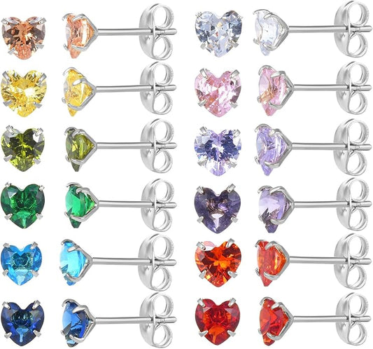 12 Pairs 18K Gold Plated Surgical Stainless Steel Stud Earrings, Star Heart Square Stud Earring for Women, Cubic Zirconia Birthstone Stud Earrings Set
