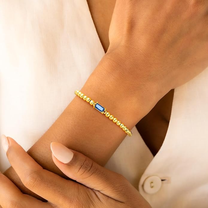 Yoosteel Dainty Birthstone Bracelet for Women - Elastic 14K-Gold-Plated Bead Bracelets Trendy Friendship Birthday Jewelry Gifts Christmas Stocking Stuffer for Women