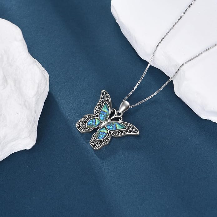 Abalone Filigree Butterfly Necklace Sterling Silver for Women, Mother of Pearl Jewelry Unique Vintage Gift for Christmas or Birthday