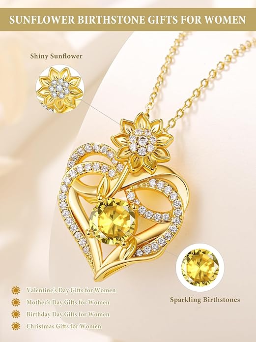 14K Gold Sunflower Birthstone Necklace for Women Infinity Love Heart Necklace Christmas Valentines Mothers Day Anniversary Birthday Gifts for Her Mom Wife Girlfriend Daughter