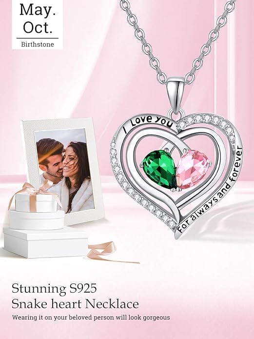 Zeuslia Double Birthstone Necklace Gifts for Wife - 925 Sterling Silver Sunflower/Rose/Crown Cross/Compass/Heart Pendant I Love You Necklace, Anniversary Birthday Gifts for Wife Girlfriend Mom Her