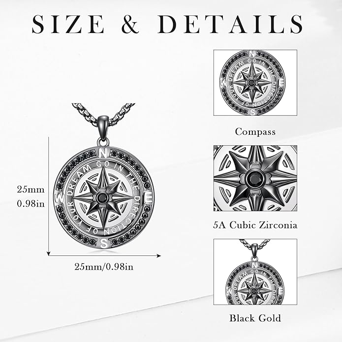 Go in the Direction of Your Dream Compass Necklace for Men 925 Sterling Silver Nautical Jewelry Inspiration Friendship Graduation Retirement Farewell Goodbye Gifts for Him (Adjustable Chain 22"+2")