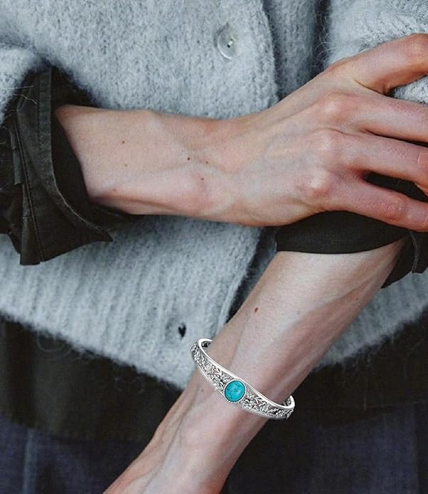 Genuine Turquoise Vintage Flower Bracelet Bangle, Sterling Silver Boho Adjustable Bangle Cuff Native American Jewelry for Women, Fit for 6.5 7 7.5 Inches