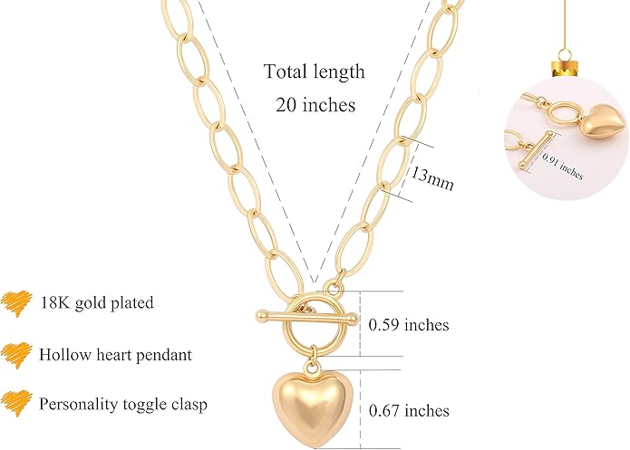 CANEVINKA Dainty Cross Medallion/Heart Pendant Chain Necklace 18K Gold Plated Oval Choker Fashion OT Toggle Jewelry Handmade for Women Simple Gold Charm Necklace