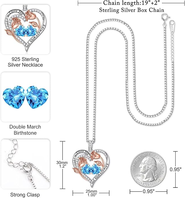 Iefil Birthstone Necklace for Women - 925 Sterling Silver Rose Heart Birthstone Necklace Birthday Anniversary Jewelry Gifts for Her Wife Mom Daughter