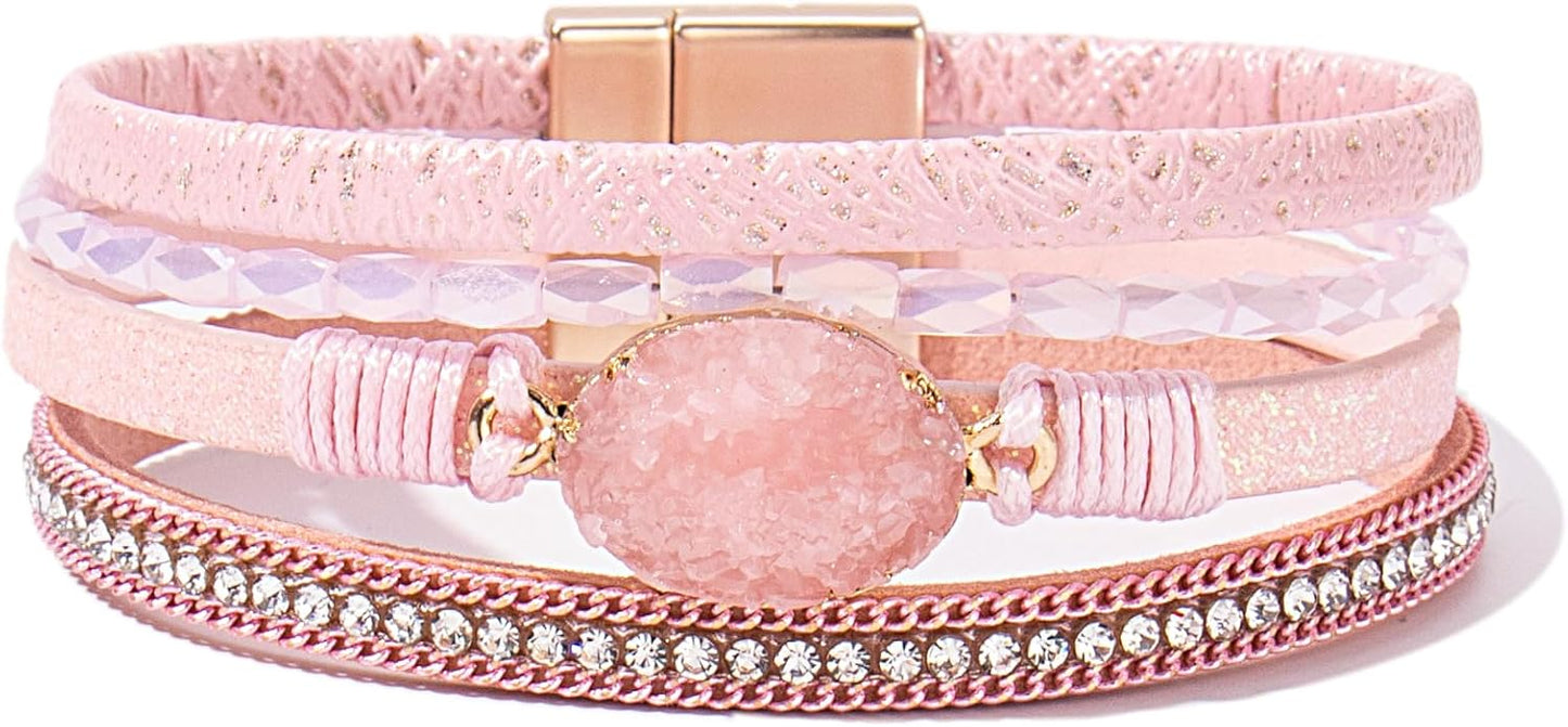 FANCY SHINY Leather Wrap Bracelet Boho Cuff Bangle Bracelets Crystal Bead Bracelet with Magnetic Clasp Jewelry Gifts for Women