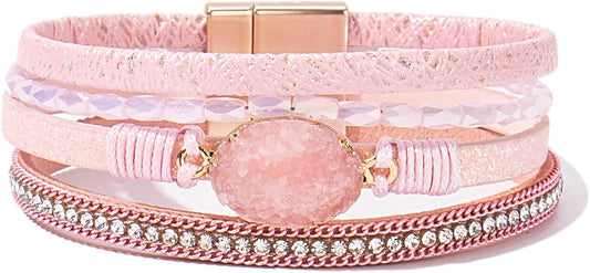 FANCY SHINY Leather Wrap Bracelet Boho Cuff Bangle Bracelets Crystal Bead Bracelet with Magnetic Clasp Jewelry Gifts for Women