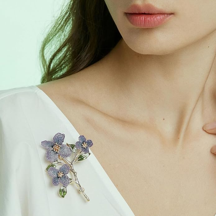 Forget me not Flower Brooch Handmade Gold Thread Embroidered and hand-Drip Enamel leaf, Gradient Botanical Floral Brooch pins for women, SHE'S FREE STYLE JUST FOR YOU [Bencao Gangmu Series]Vintage Plant Jewelry