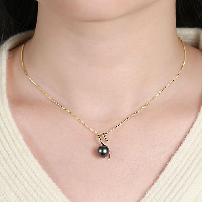 Tahitian Black Pearl Necklaces for Women, Sterling Silver Single Pearl Pendant Necklace Birthday Anniversary Jewelry Gifts for Wife Mom