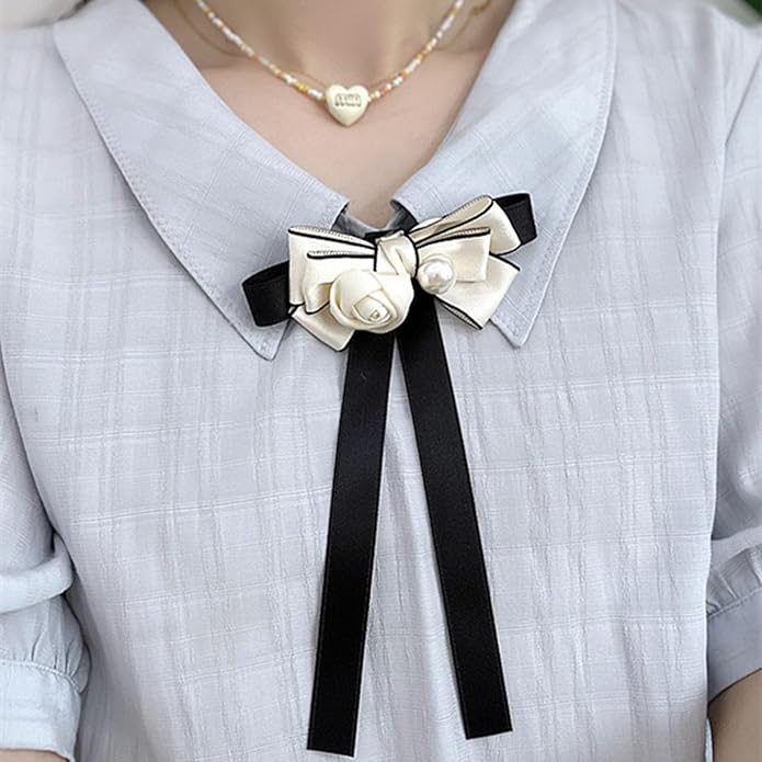 Vintage Camellia Pearls Brooch for Women, Ribbon Bows Tie Pin Elegant Preppy Uniform Pre Tied Bowknot Corsage Shirt Jabot Collar Necktie