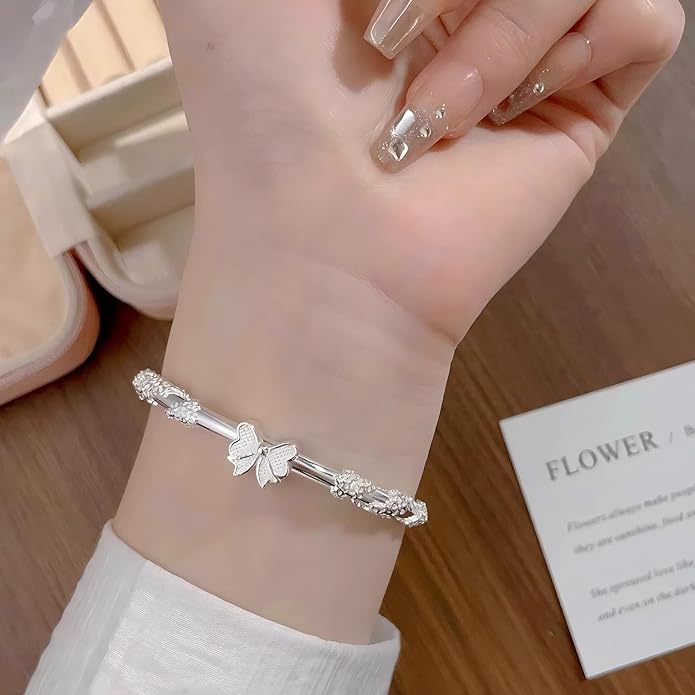 S925 Silver Bangle Bracelet for Women, Elegant Women‘s Sterling Silver Bracelet Bangle Adjustable 6.4-7.8 inches Small Size