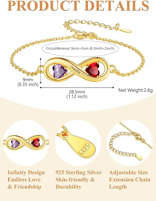 Custom4U Personalized Infinity Love Symbol Link Bracelets for Women 925 Sterling Silver Birthstone Bracelet Adjustable Engraved Chain Christmas Mother's Day Birthday Jewelry Gifts for Mom Her