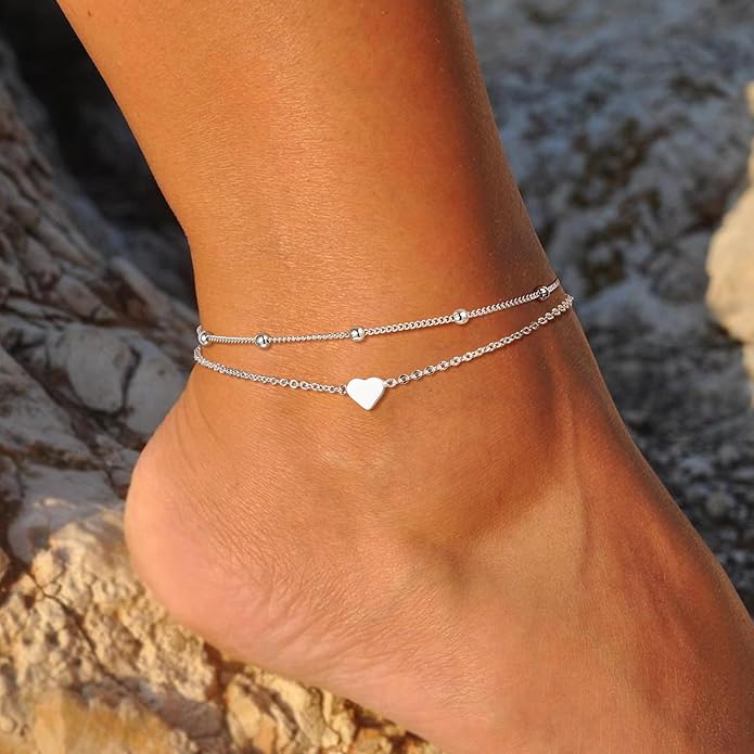 Ritach Ankle Bracelets for Women - Silver/Gold Plated Stainless Steel Anklets for Women Waterproof Layered Cuban Link Figaro Chain Heart Anklets Set Summer Beach Jewelry Gifts