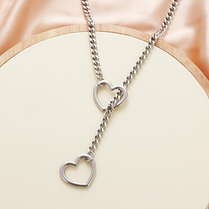 Heart Slip Chain Necklaces for Women,Stainless Steel O-Ring Adjustable Lariat Y-Necklace,Punk Gothic Cuban Collar Choker Necklace for women