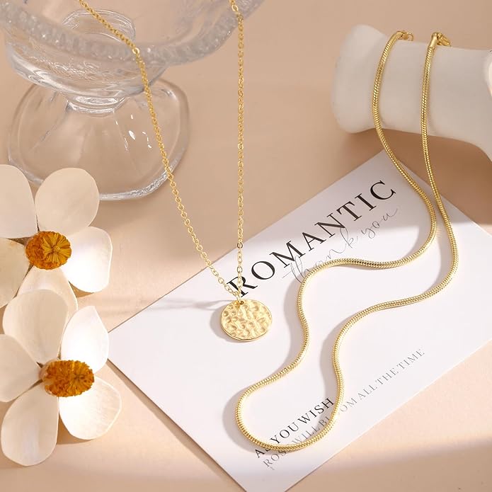 Layered Necklaces for Women 14K Gold Plated Stack Circle Pendant Trendy Long Chain Stackable Handmade Coin Necklace Set Dainty Gold Stacked Jewelry Gifts