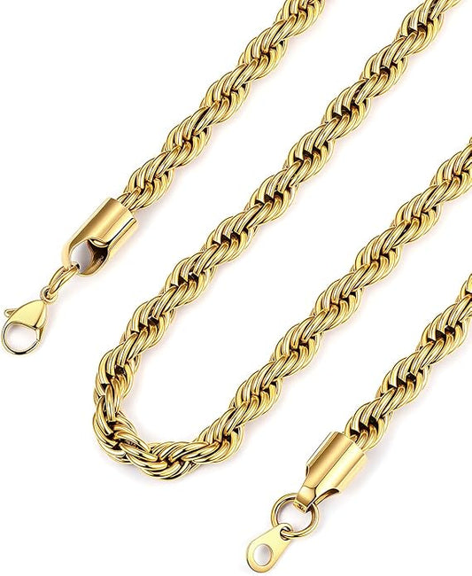 Bandmax Solid 1.5mm/2mm/3mm/6mm Rope Chains for Men Women 14K Gold Plated/Black Plated Stainless Steel Twist Chain 16-30 Inches, with Gift Box