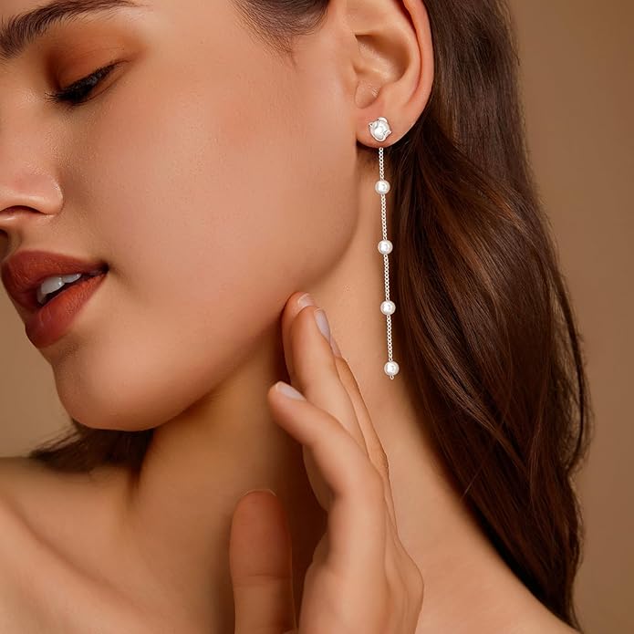 Zeffy Pearl Earrings for Women 14k Gold/Silver Pearl Drop Earrings Long White Pearl Tassel Dangle Statement Earrings Bridal Wedding Dainty Prom Earrings Birthday Gifts Jewelry