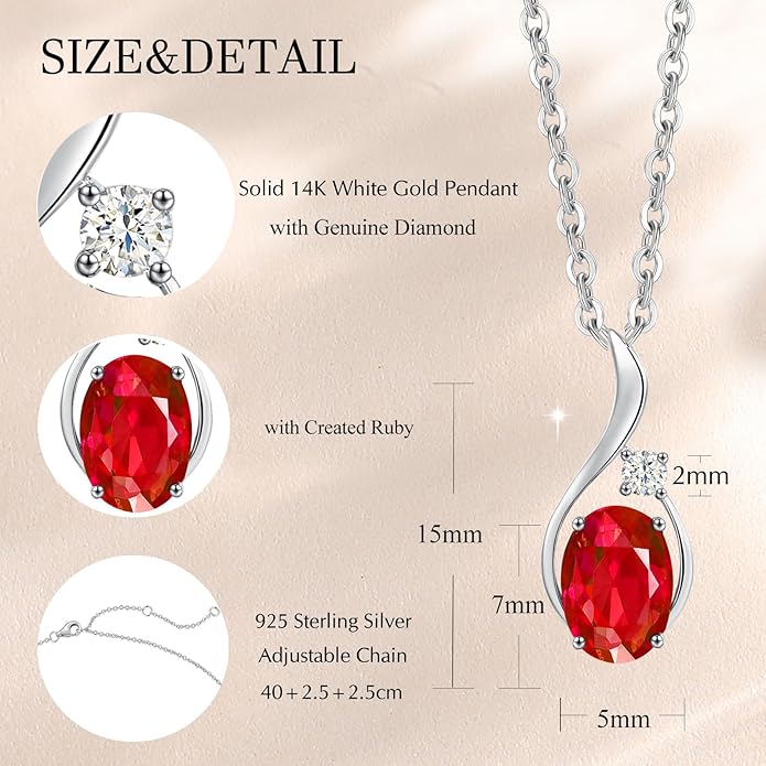 FANCIME 14K Solid White Gold Oval Gemstone Necklace with Diamond Pendant Gifts for Mom Women,16"+2" Inches