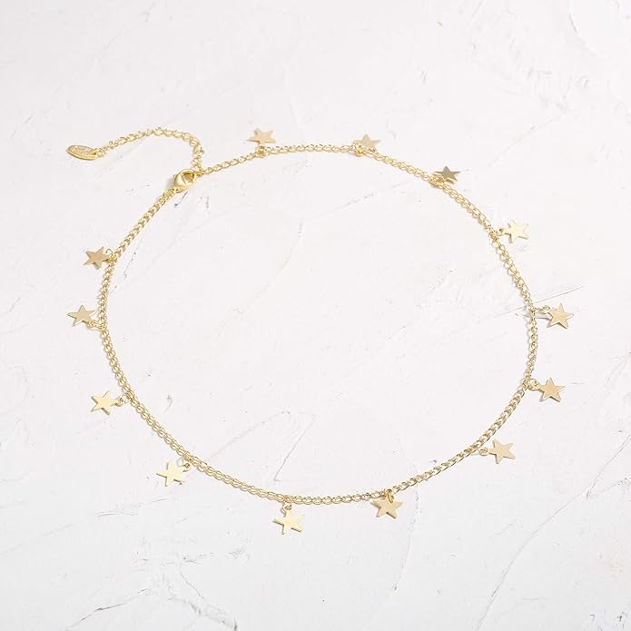 Gold Choker Necklaces 14K Gold Plated/Silver Disc Choker Necklaces Dangling Star Heart Pendant Necklaces Summer Beach Boho Necklaces Aesthetic Necklace Gift for Women