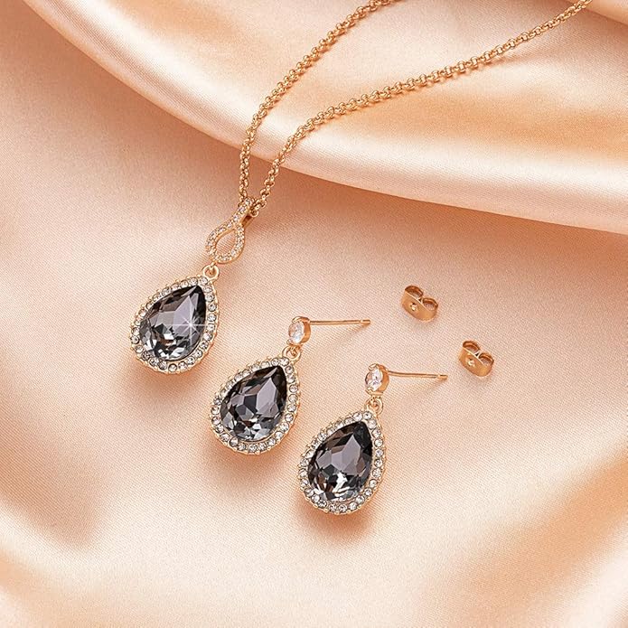 Austrian Crystals Teardrop Pendant Necklace Earrings for Women 14K Gold Plated Hypoallergenic Jewelry Set