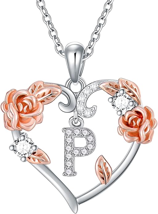 AOBOCO Rose Heart Necklaces Valentines Gifts for Women, 925 Sterling Silver Rose Love Heart Initial Letter Pendant Necklace Jewelry Mothers Day Christmas Birthday Gifts for Her Mom Wife Girlfriend