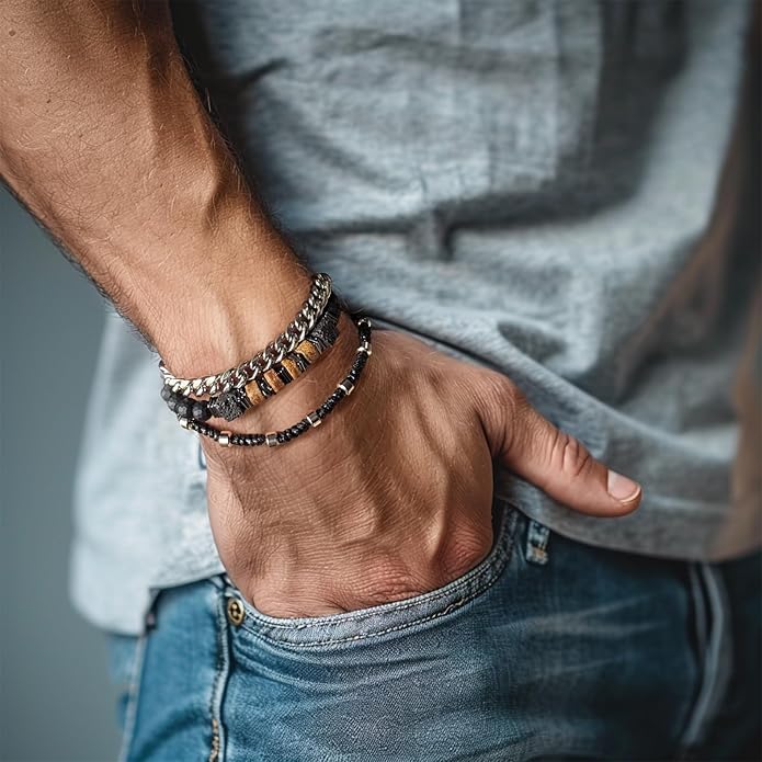 3pc Mens Beaded Bracelets Silver Stainless Steel Chain Bracelet for Men Handmade Braided Bracelet Sets Jewelry Gifts for Men