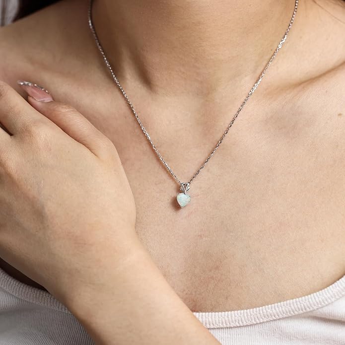 AGVANA Christmas Gifts 14K White Gold Gemstone Pendant with Sterling Silver Chain 8mm Heart Birthstone Necklace for Women Fine Jewelry Anniversary Birthday Gifts for Women Mom Wife Girlfriend Her
