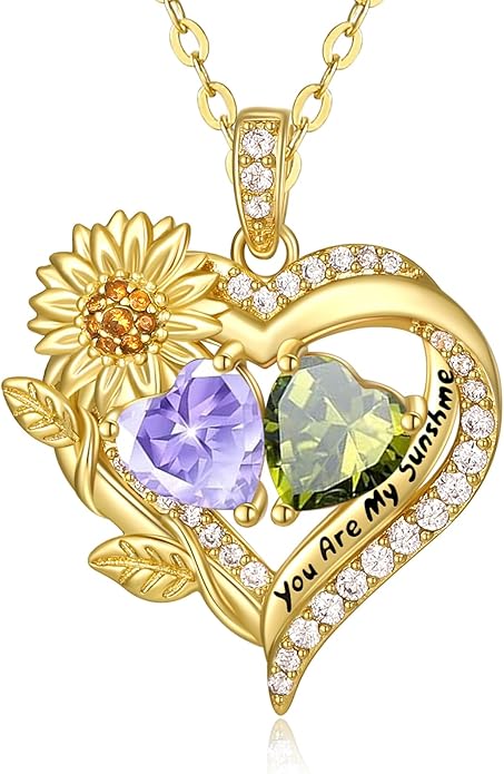 Sunflower Heart Necklace for Women 14K Gold Exquisite Anniversary Birthday Gifts for Wife Mother Her Double Birthstone Pendant jewelry‘You Are My Sunshine’