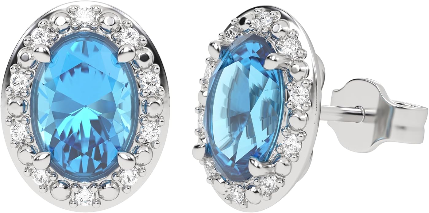 10K White Gold Oval Gemstone and Natural Round Diamonds Stud Earrings for Women - Hypoallergenic Trendy Ladies Earrings for Women - Jewelry Gifts for Wife