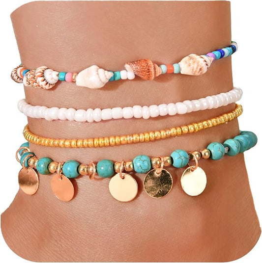 Bead Ankle Bracelets for Women Waterproof Adjustable Boho Shell Anklet Summer Beach Seashell Conch Foot Jewelry Accessories