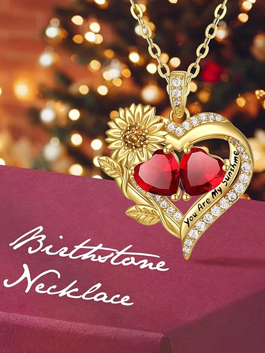 Sunflower Heart Necklace for Women 14K Gold Exquisite Anniversary Birthday Gifts for Wife Mother Her Double Birthstone Pendant jewelry‘You Are My Sunshine’