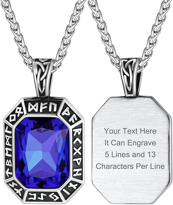 ChainsHouse Viking Rune Pendant Necklace for Men Women, Punk Biker Black Metal/316L Stainless Steel Onyx Norse Vintage Amulet Necklaces with Black/Red/Green/Blue Gemstone, Send Gift Box