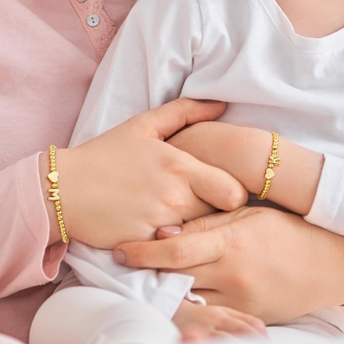 M MOOHAM Stocking Stuffers for Teen Girls Women - Dainty Gold Initial Beaded Bracelets for Women Trendy, Charm Letter A-Z Personalized Bracelet Jewelry Kids Christmas Gifts