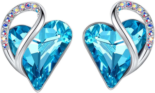 Earrings for Women, Mothers Day Gift for Mom, Heart Birthstone Crystal Stud Earring, Silver Plated Birthday Jewelry