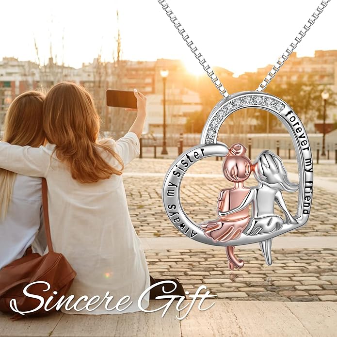 AOBOCO Gifts for Sister 2 3 Sisters Necklace for Women Sterling Silver Sister Crystal Pendant Jewelry Birthday Christmas Gifts for Friend Female Friendship Lasts Forever
