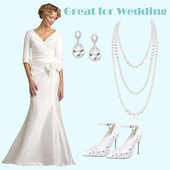 Long Pearl Necklaces for Women Cream White Faux Pearl Strand Layered Necklace Costume Jewelry