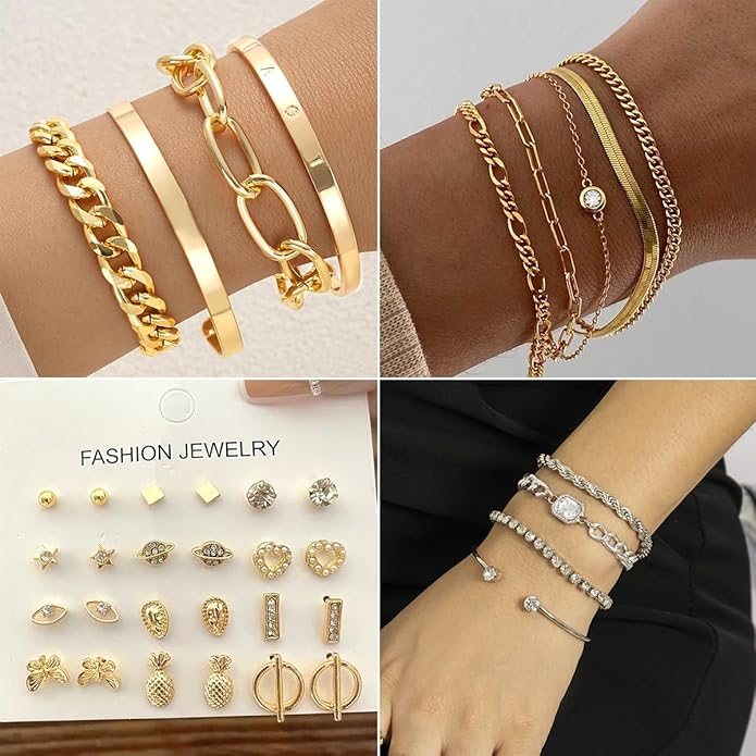 73 Pcs Gold Jewelry Set with 6Pcs Layered Necklace, 11 Pcs anklet and 7Pcs Earring Ear Cuff,12Hoop Earrings ,15pcs Rings,21pcs stud earrings Jewerly set for Women Pack for Friendship Party Gift