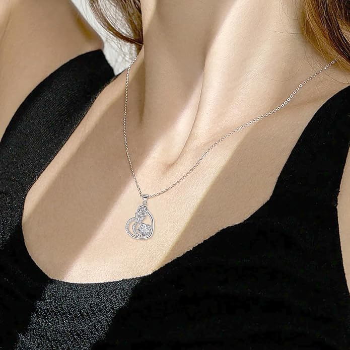 Sterling Silver Heart Rose Flower Necklace for Women Shiny Big Cz Butterfly Pendant Necklace Elegant Rose Promise Necklace Jewelry for Mom Wife Wedding Mother's Day Anniversary Birthday Gifts