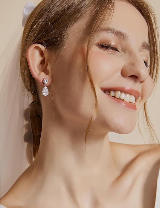 EAMTI Teardrop Wedding Earrings for Women Cubic Zirconia Dangle Bridal Earrings 925 Sterling Silver Post Pear Cut Earring for Prom Bridesmaid