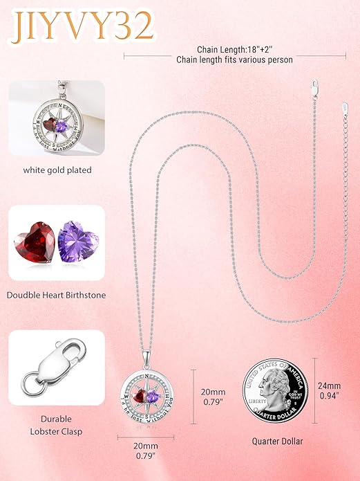 JIYVY32 Compass Birthstones Necklace for Women, Exquisite S925 Necklace Anniversary Birthday Gifts for Wife Her Double Birthstone Pendant jewelry ‘I'd be Lost Without You’