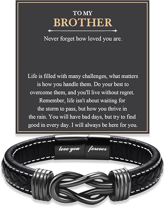 Love You Forever Leather Bracelet Gifts for Men Him Teen Boys, To My Brother Son Grandson Nephew Friend Dad Husband Christmas Birthday Valentines Fathers Day Graduation Back to School Gifts